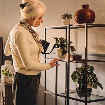 a person looking at a plant